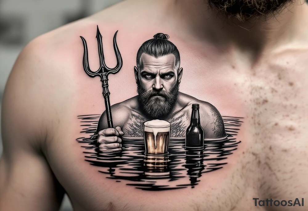 Drunk guy with no facial hair with trident half way in calm water with a beer tattoo idea