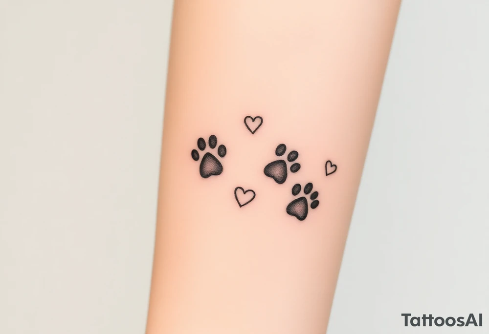 a path of cat paw prints sing natural tones of cream, gray, and light brown and hearts within tattoo idea