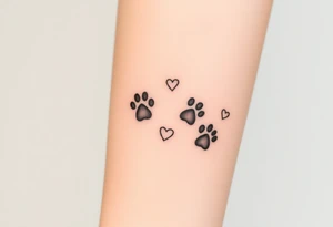 a path of cat paw prints sing natural tones of cream, gray, and light brown and hearts within tattoo idea