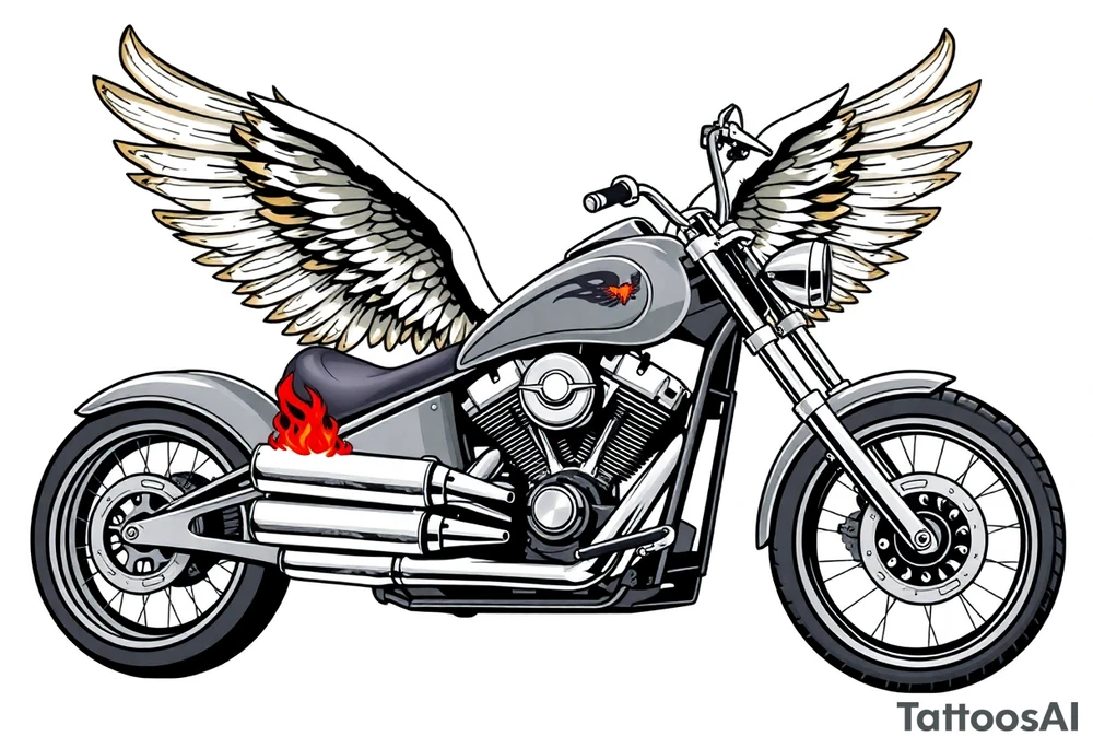 Low rider grey motorcycle, big muffler pipes with flames, angel wings, driving away, no person tattoo idea