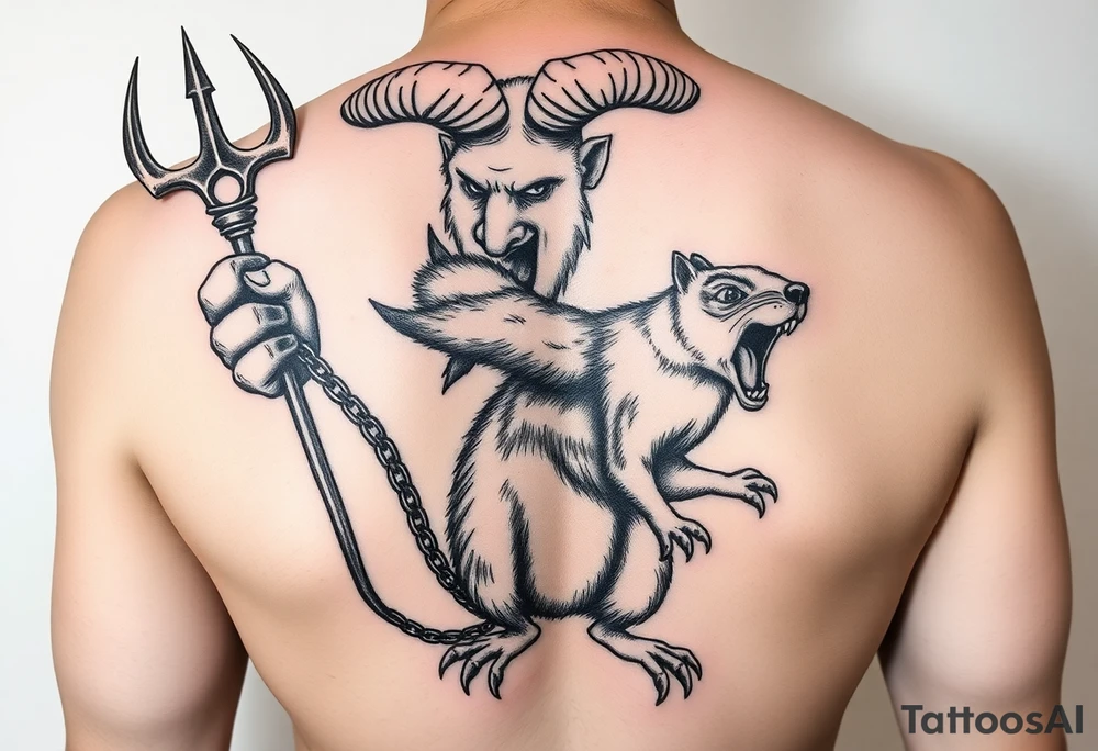 A giant of a man with goat horns and feet carrying the devils trident and in the other hand slaves on a chain a sickly squirrel with big teeth showing and an Angry little man mouth open and screaming on the back of the squirrel tattoo idea