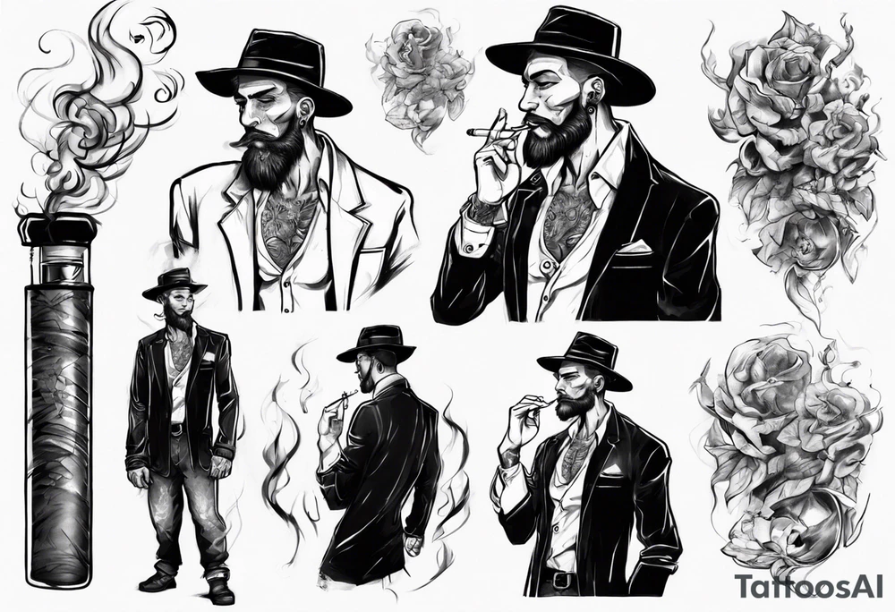 One handsome full-length man without a hat, with earrings in his ears stands smoking a cigarette tattoo idea