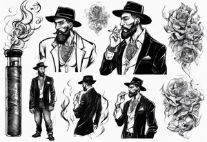 One handsome full-length man without a hat, with earrings in his ears stands smoking a cigarette tattoo idea