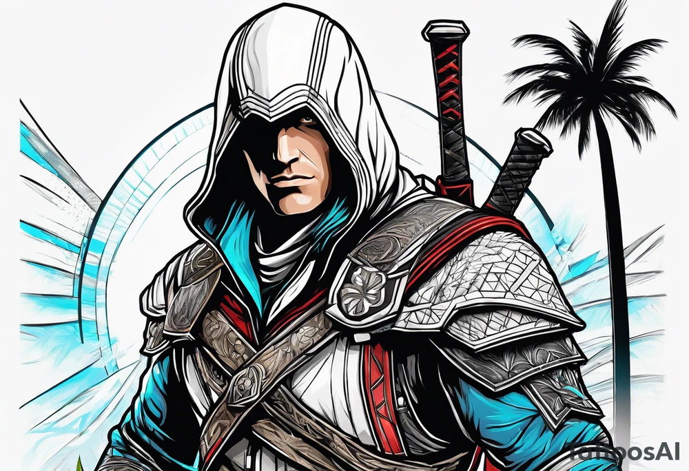 assassins creed character that is in the style of tron with palm trees tattoo idea