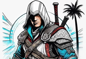 assassins creed character that is in the style of tron with palm trees tattoo idea