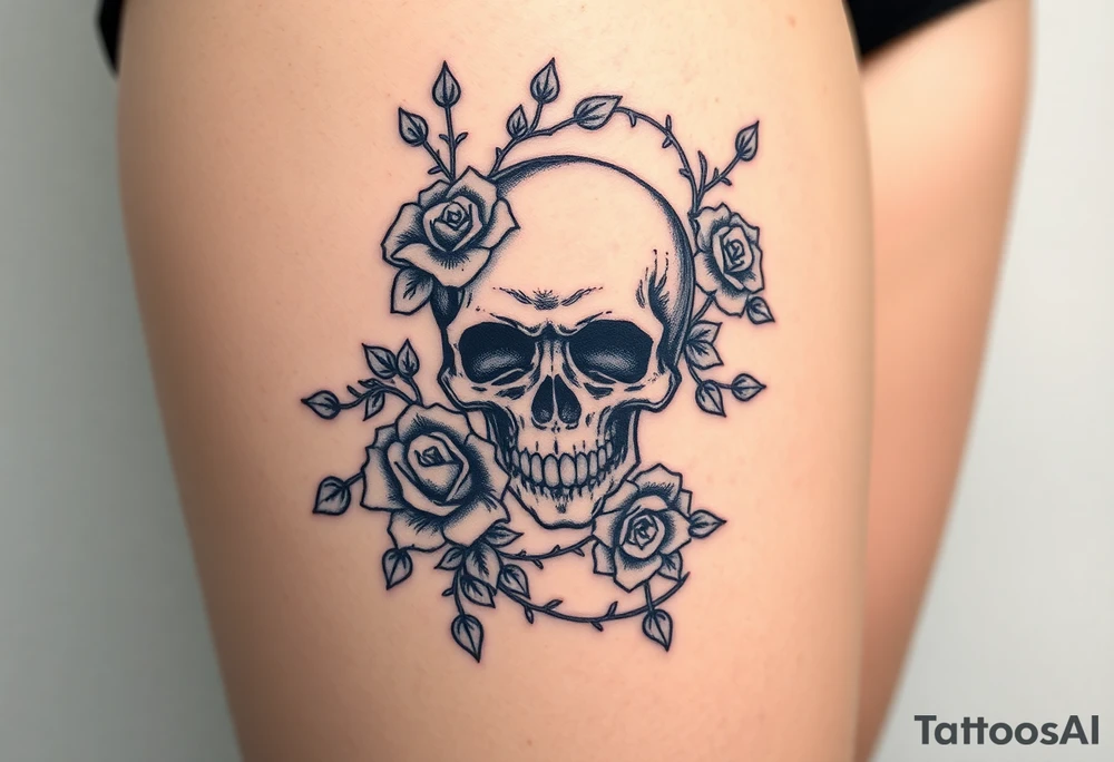 gothic skull intertwined with climbing roses and thorny vines tattoo idea