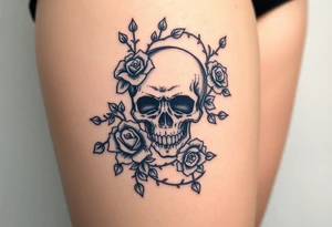 gothic skull intertwined with climbing roses and thorny vines tattoo idea
