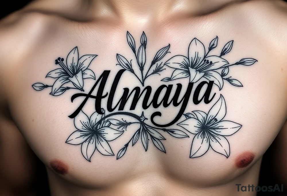 The name Almaya surrounded by Lilies. I want this on rib cage tattoo idea