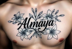 The name Almaya surrounded by Lilies. I want this on rib cage tattoo idea