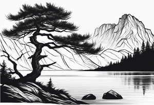 Sleeve tattoo windswept pine tree before lake with low cliff face on another side of lake. Mastiff silhouette in foreground. tattoo idea