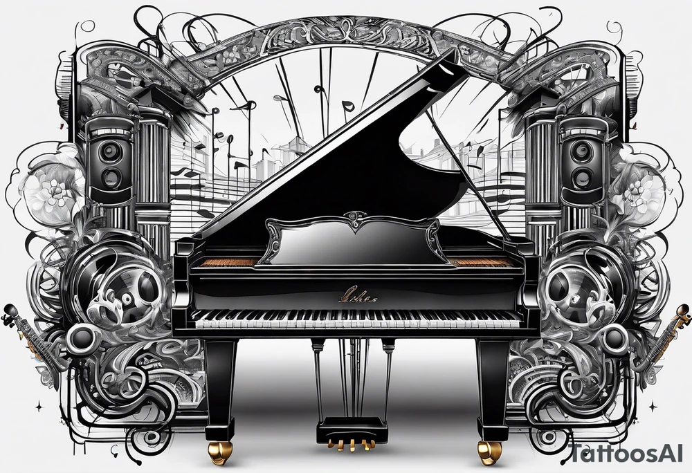Lines and cables weave and interconnect the piano keys, drums, guitar, speakers, headphones, and cassette tapes. tattoo idea