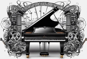 Lines and cables weave and interconnect the piano  keys, drums, guitar, speakers, headphones, and cassette tapes. tattoo idea