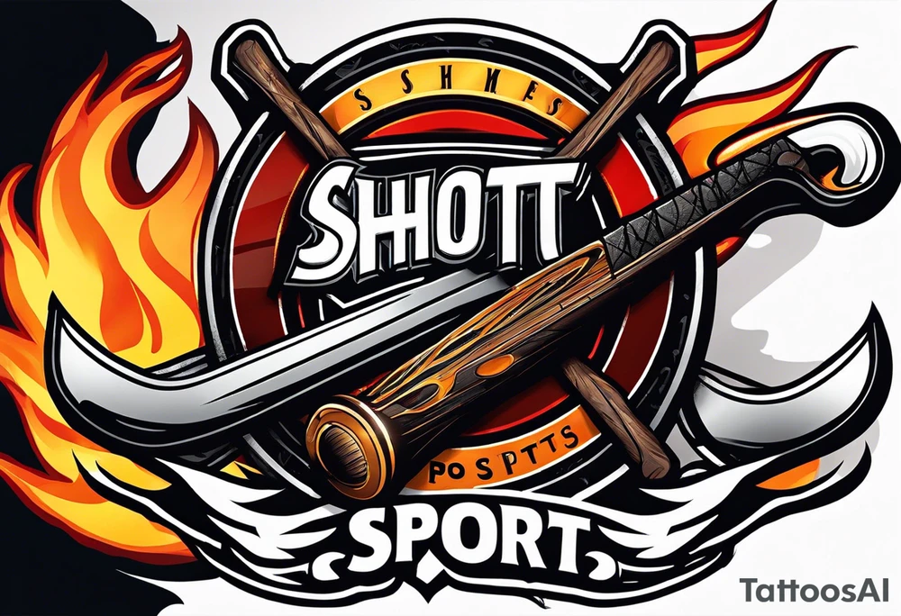 puck with crossed hockey sticks in the background and flames that says "SHOT SPORTS" tattoo idea