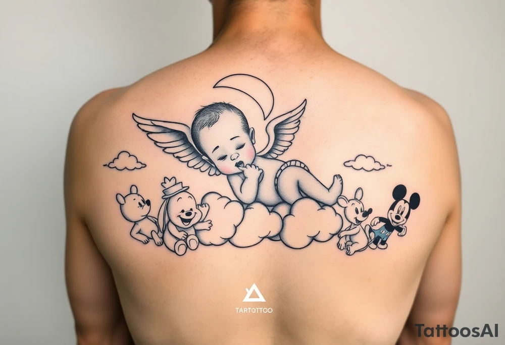 Babyboy with angel wings crawling to clouds and heavens gate surrounded by Disney characters winnie the poo, piglet, eeyor, baby mickey and baby minnie mouse as babies arm sleeve tattoo idea