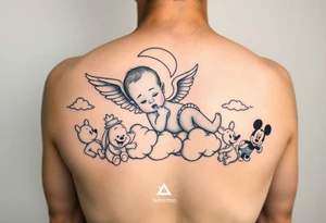 Babyboy with angel wings crawling to clouds and heavens gate surrounded by Disney characters winnie the poo, piglet, eeyor, baby mickey and baby minnie mouse as babies arm sleeve tattoo idea