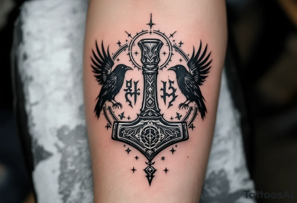 A ravens-and-Mjölnir design, with Huginn and Muninn circling the hammer, surrounded by Norse symbols, in black and grey with silver highlights. tattoo idea