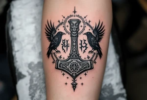 A ravens-and-Mjölnir design, with Huginn and Muninn circling the hammer, surrounded by Norse symbols, in black and grey with silver highlights. tattoo idea