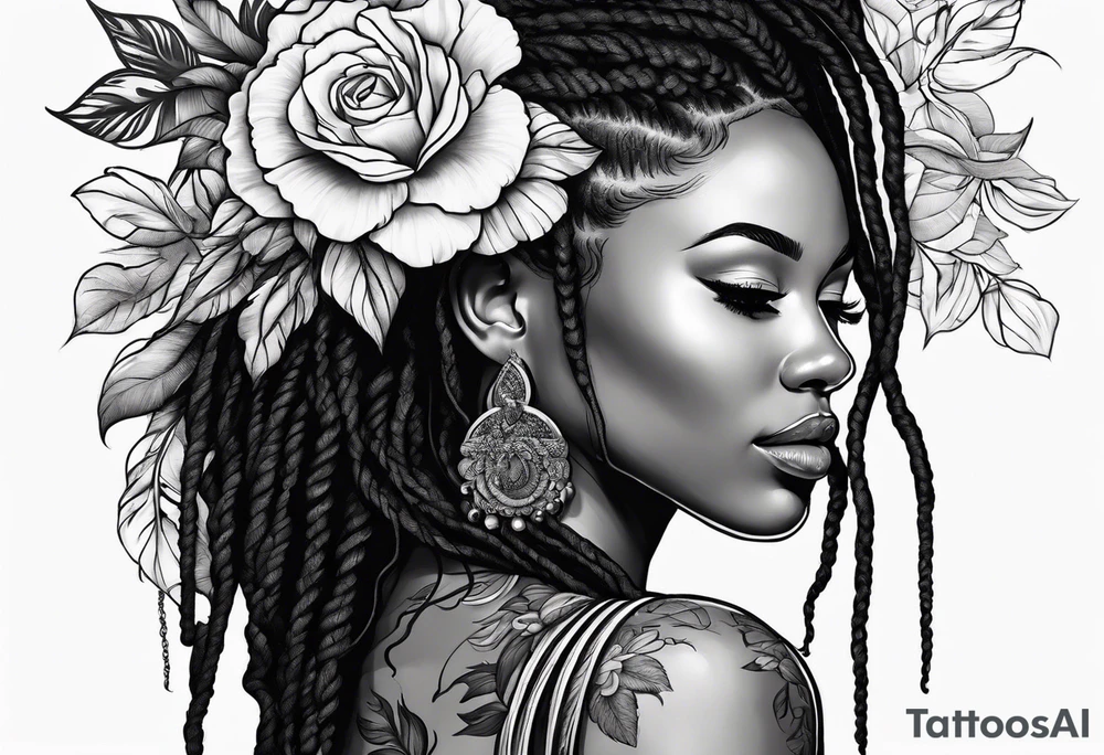 Black woman with long locs side profile and flowers tattoo idea