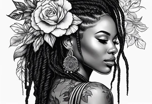 Black woman with long locs side profile and flowers tattoo idea