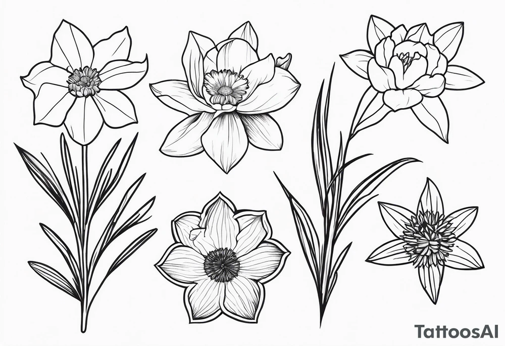 Simple, fine-line tattoo. Outline. Daffodil, pine sprig, aster, and willow sprig bouquet. tattoo idea