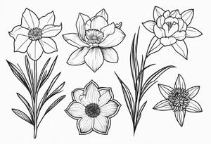 Simple, fine-line tattoo. Outline. Daffodil, pine sprig, aster, and willow sprig bouquet. tattoo idea