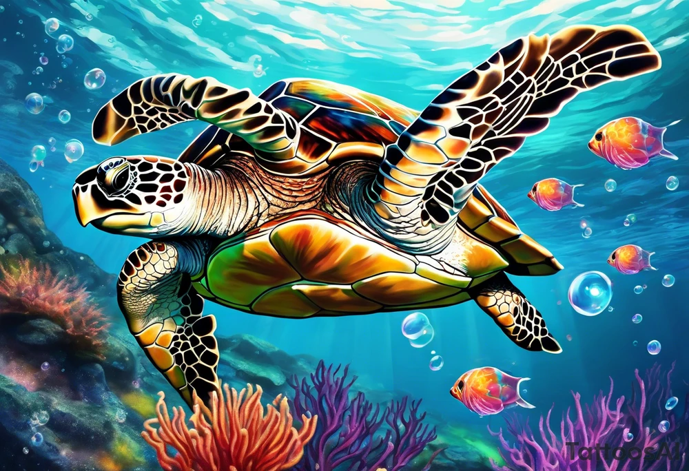 large sea turtle swimming from left to right with corral around it and bubbles from the ocean water, plus next to it is a colorful jellyfish with long flowing tentacles tattoo idea