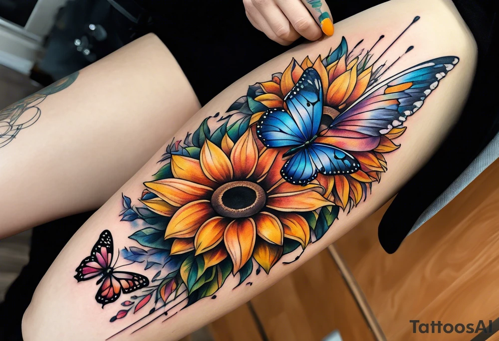 Quarter Leg sleeve with dreamcatcher, rainbow sunflowers and one butterfly tattoo idea