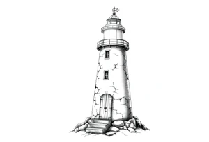 Lighthouse with rays of light with a few windows and an old door tattoo idea