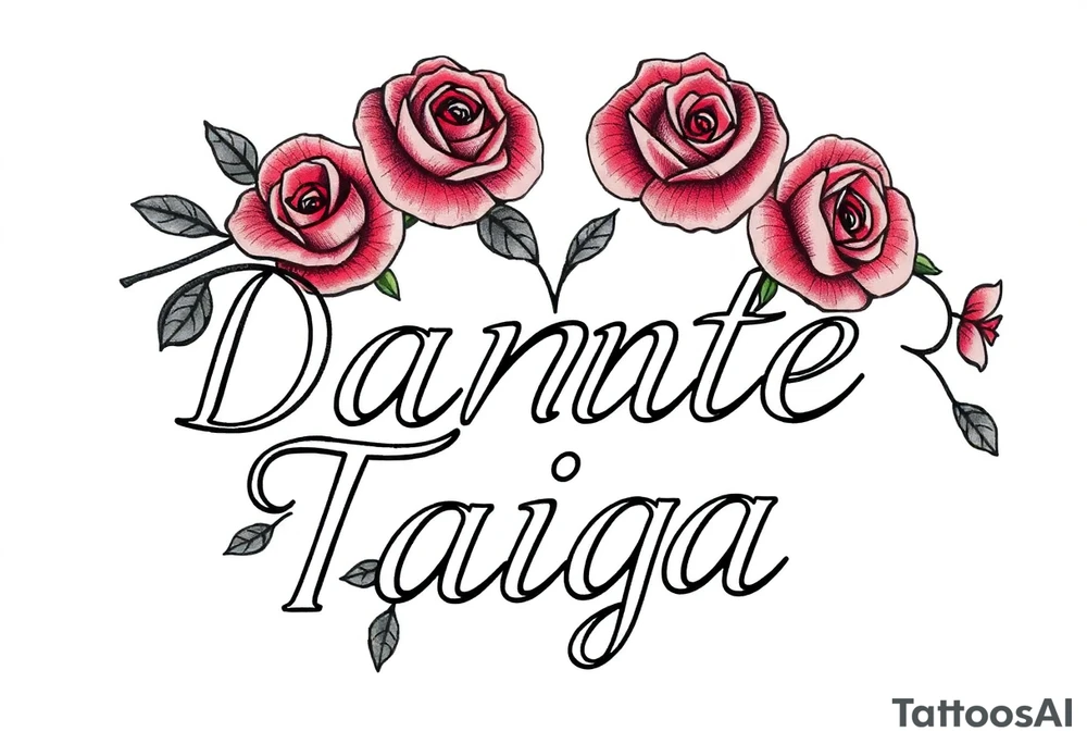 names "Dante" and "Taiga" surrounded by roses tattoo idea