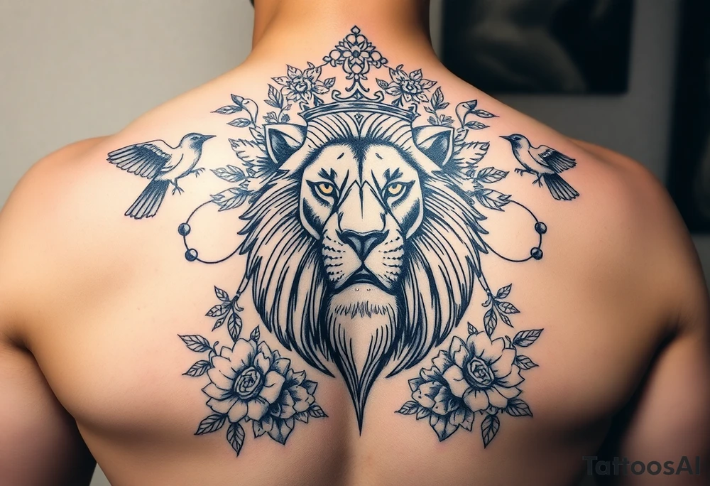 powerful majestic lion with a crown, surrounded by floral ornaments and birds tattoo idea