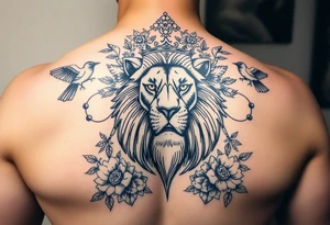 powerful majestic lion with a crown, surrounded by floral ornaments and birds tattoo idea