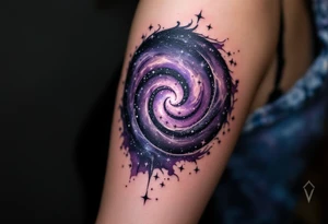 A galaxy-themed spiral in dark purples and star-speckled silvers, echoing the shape of a nebula. tattoo idea
