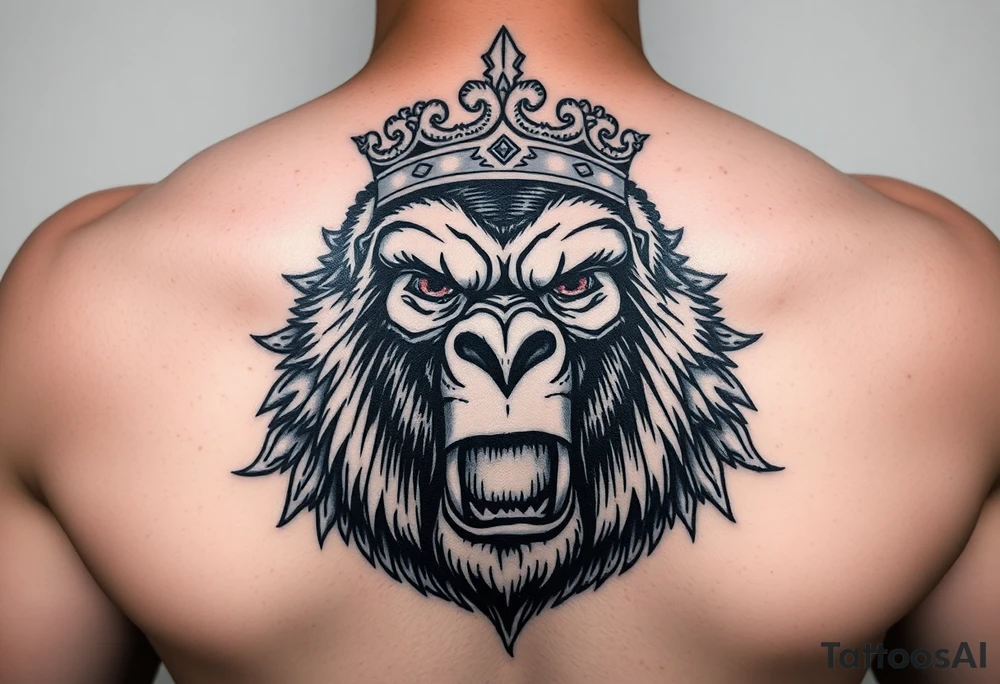 Powerful king kong with crown and majestic features around it tattoo idea