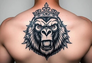 Powerful king kong with crown and majestic features around it tattoo idea
