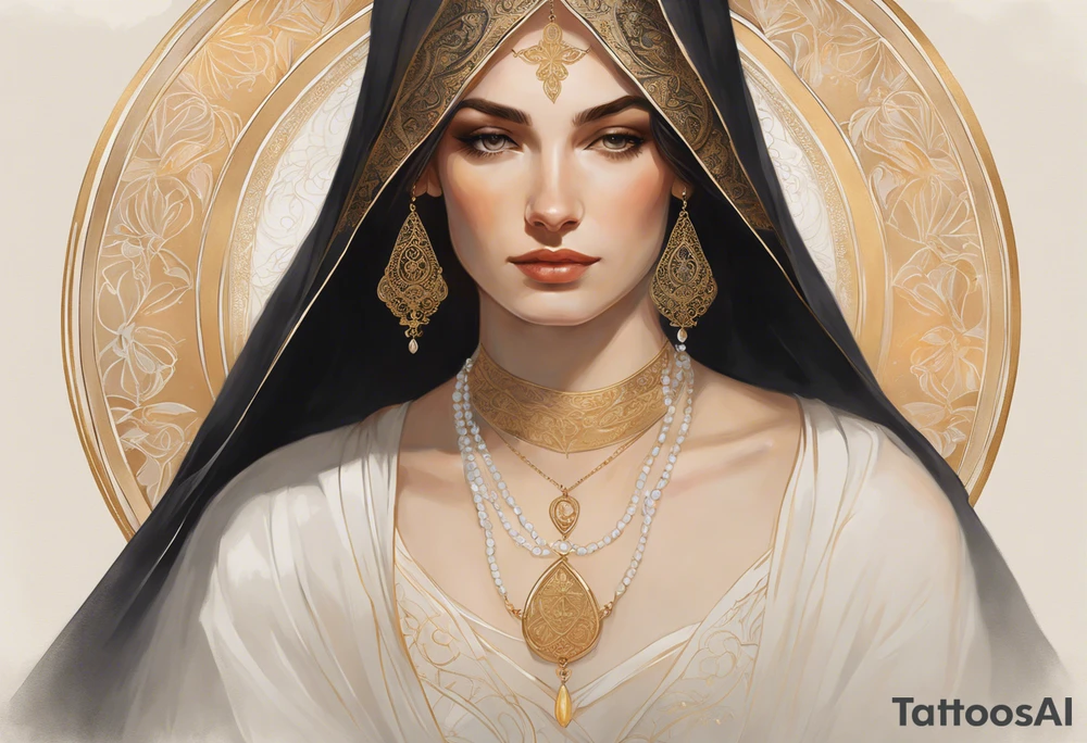 A serene and elegant portrait of a woman with a calm and angelic expression, wearing a delicate white veil, gold jewelry with intricate designs, and a pendant with a religious icon. The lighting is soft and warm, creating a painterly and ethereal effect, reminiscent of classical art holding a lamp in her hand tattoo idea