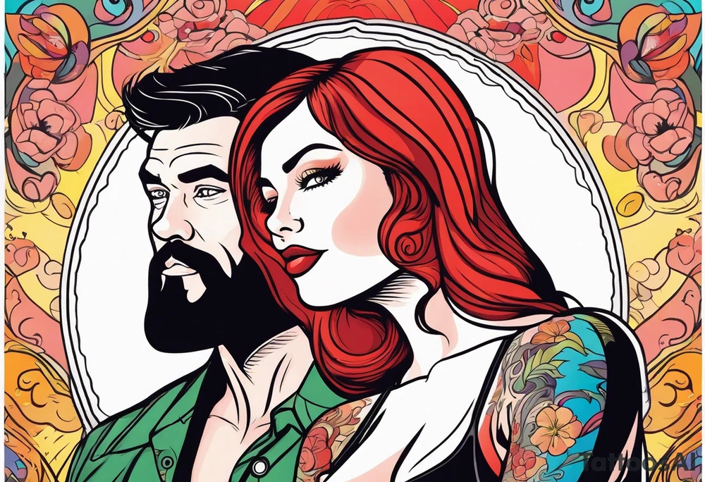 Busty Red haired woman with black haired bearded man tattoo idea