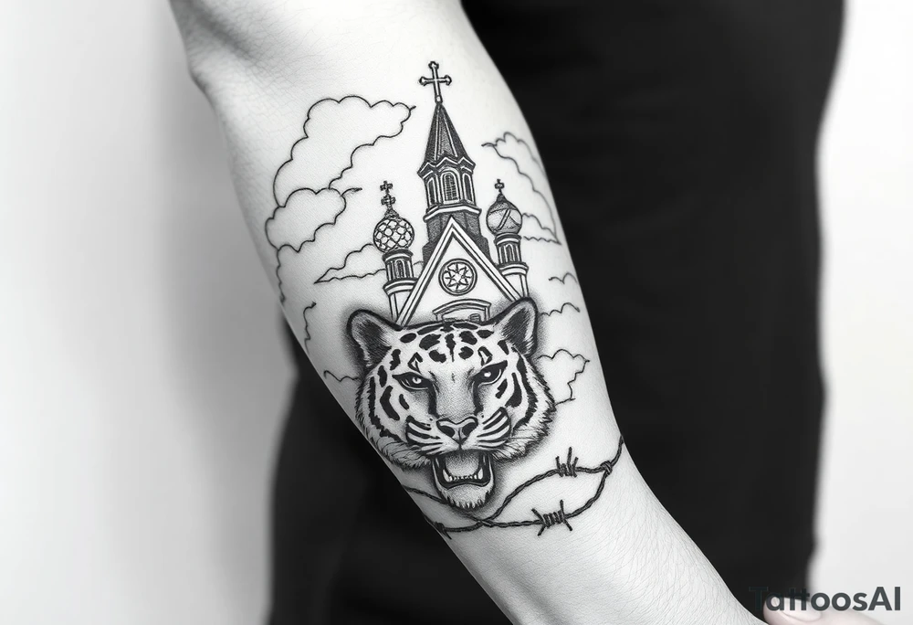 Non cartoon looking tiger on the hand with barb wire at the bottom and then above the tiger do a traditional Russian Orthodox Church with the orthodox traditional cross as the spire in clouds then Virgin Mary above overlooking with hands together on heart tattoo idea
