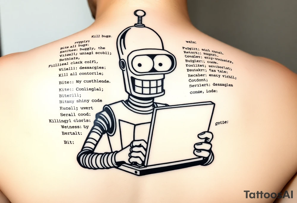 Tattoo design of a humorous robot inspired by Bender from Futurama, holding a laptop or typing on a keyboard, surrounded by lines of code in a programming language like C#. Include funny text like 'Kill all bugs' or 'Bite my shiny code'. Make it detailed but in a cartoon/comic style. tattoo idea