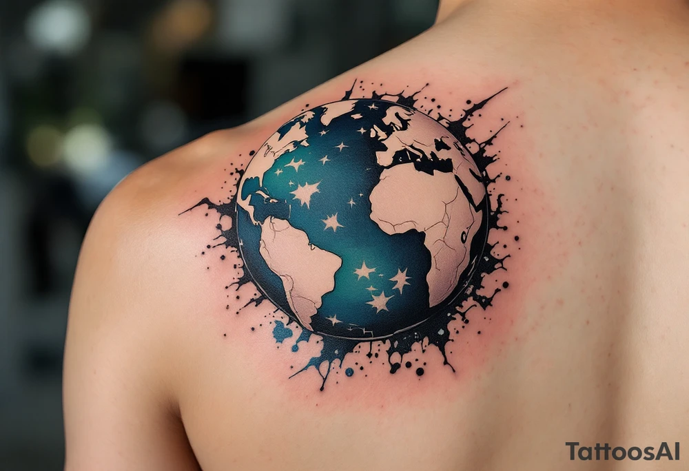 A stylized half-soccer ball, half-earth globe in blue, green, and black tones. tattoo idea