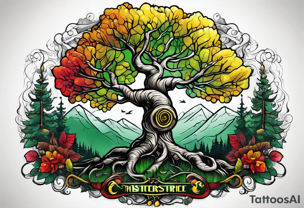 birch tree and includes the following wording "fuck cancer"
with yellow, green and red colours tattoo idea