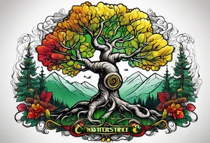 birch tree and includes the following wording "fuck cancer"
with yellow, green and red colours tattoo idea