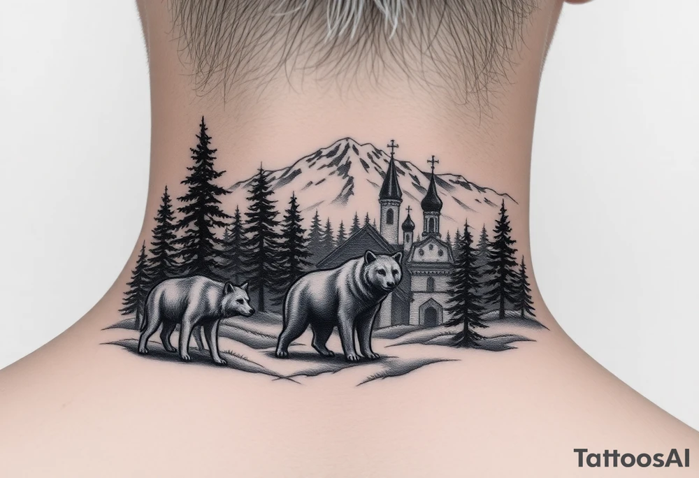 Nature/Landscape

Wolves in a pine forest (extending the tree line you already have)
A Russian bear emerging from the treeline
Snow-capped mountains behind the church scene tattoo idea