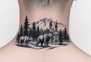 Nature/Landscape

Wolves in a pine forest (extending the tree line you already have)
A Russian bear emerging from the treeline
Snow-capped mountains behind the church scene tattoo idea