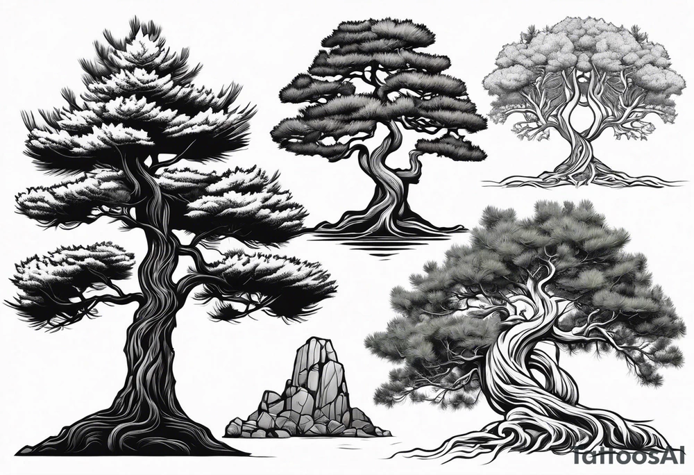 Pine tree and a juniper tree on the oposite sides.  roots of both trees are entangeled in celtic trinity sign tattoo idea