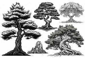 Pine tree and a juniper tree on the oposite sides.  roots of both trees are entangeled in celtic trinity sign tattoo idea