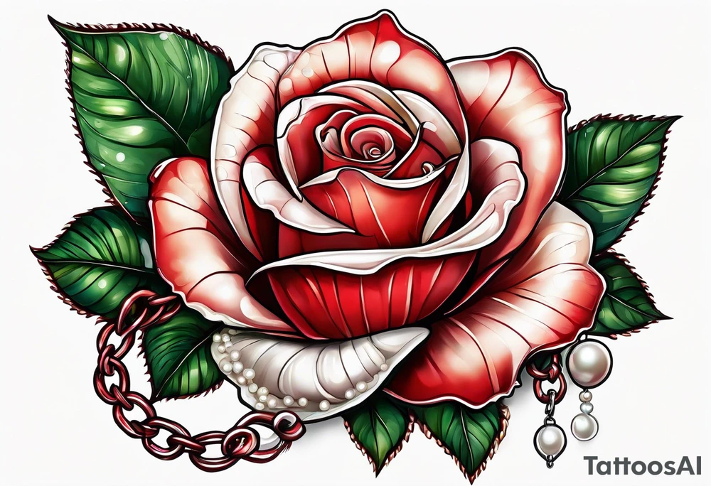 Red rose with a chain made of pearls and a seashell tattoo idea