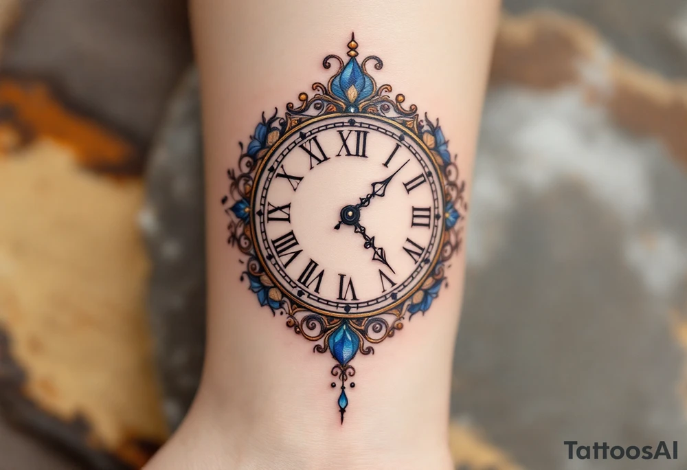 An ornate clock face with a missing hour, representing life's mysteries and unknown destiny. tattoo idea