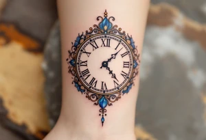 An ornate clock face with a missing hour, representing life's mysteries and unknown destiny. tattoo idea