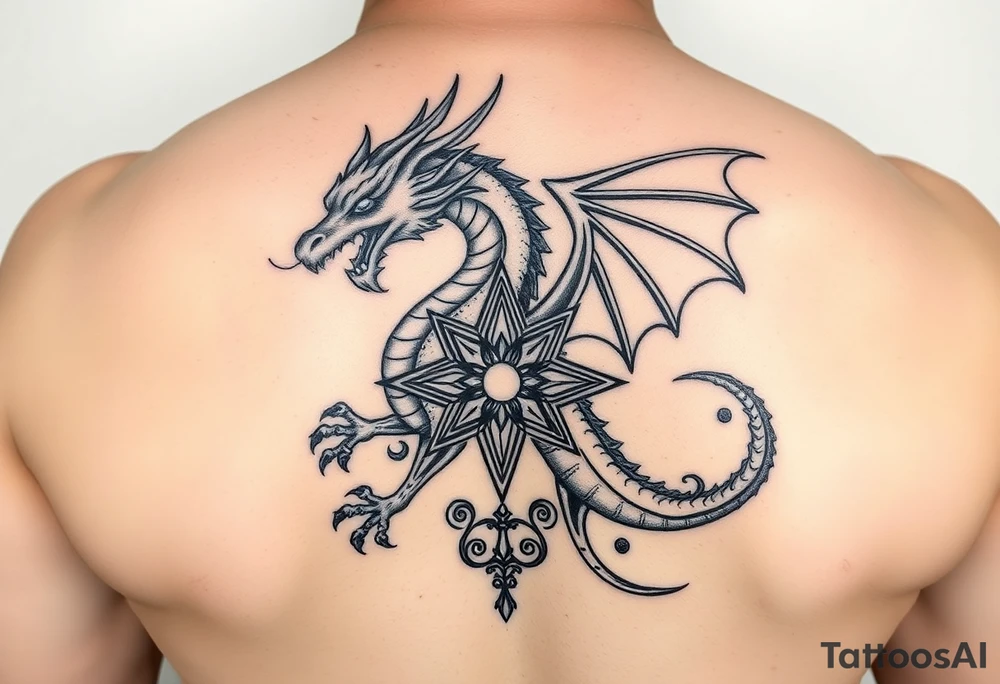 Masculine but beautiful and graceful dragon with a painterly style with a fancy celtic star and abstract filigree and knotwork tattoo idea
