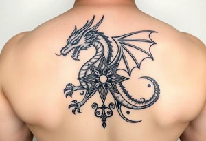 Masculine but beautiful and graceful dragon with a painterly style with a fancy celtic star and abstract filigree and knotwork tattoo idea
